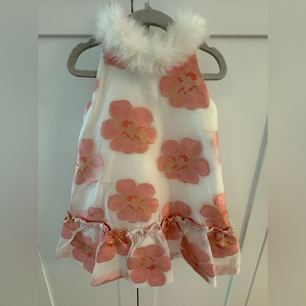 Janie and Jack Coral Floral Dress with White Fur Trim and gold details